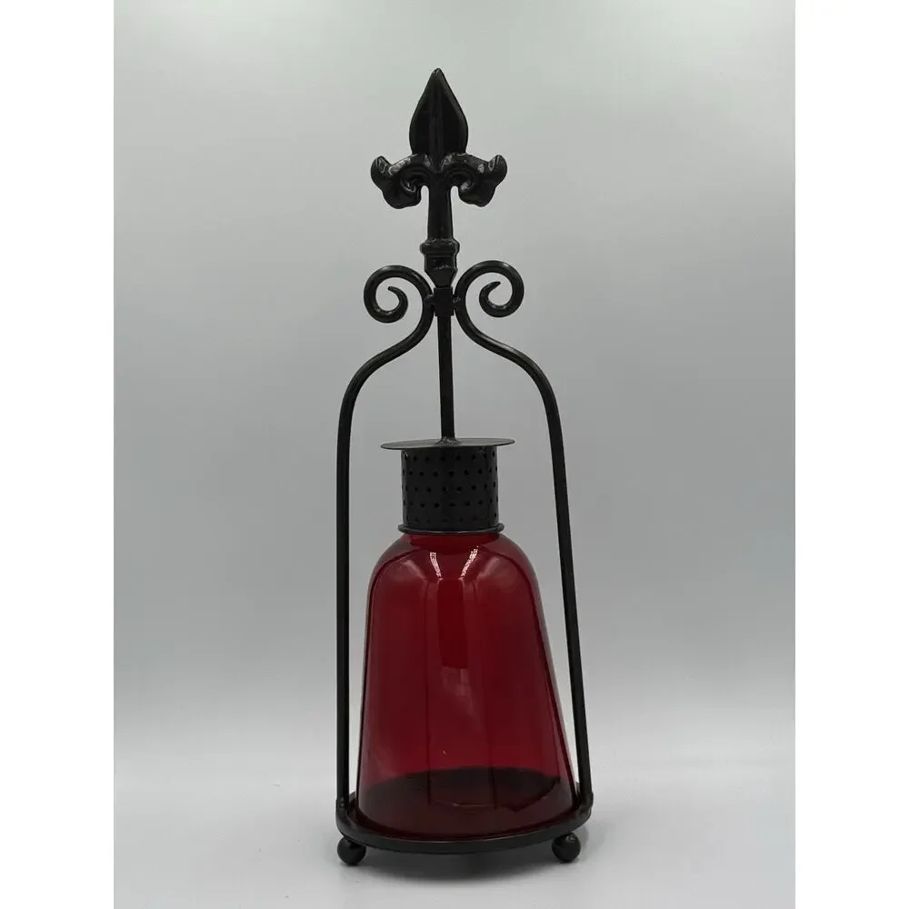 VTG Red GLASS METAL STAND Chimney Candle Hurricane Holder Lantern 17